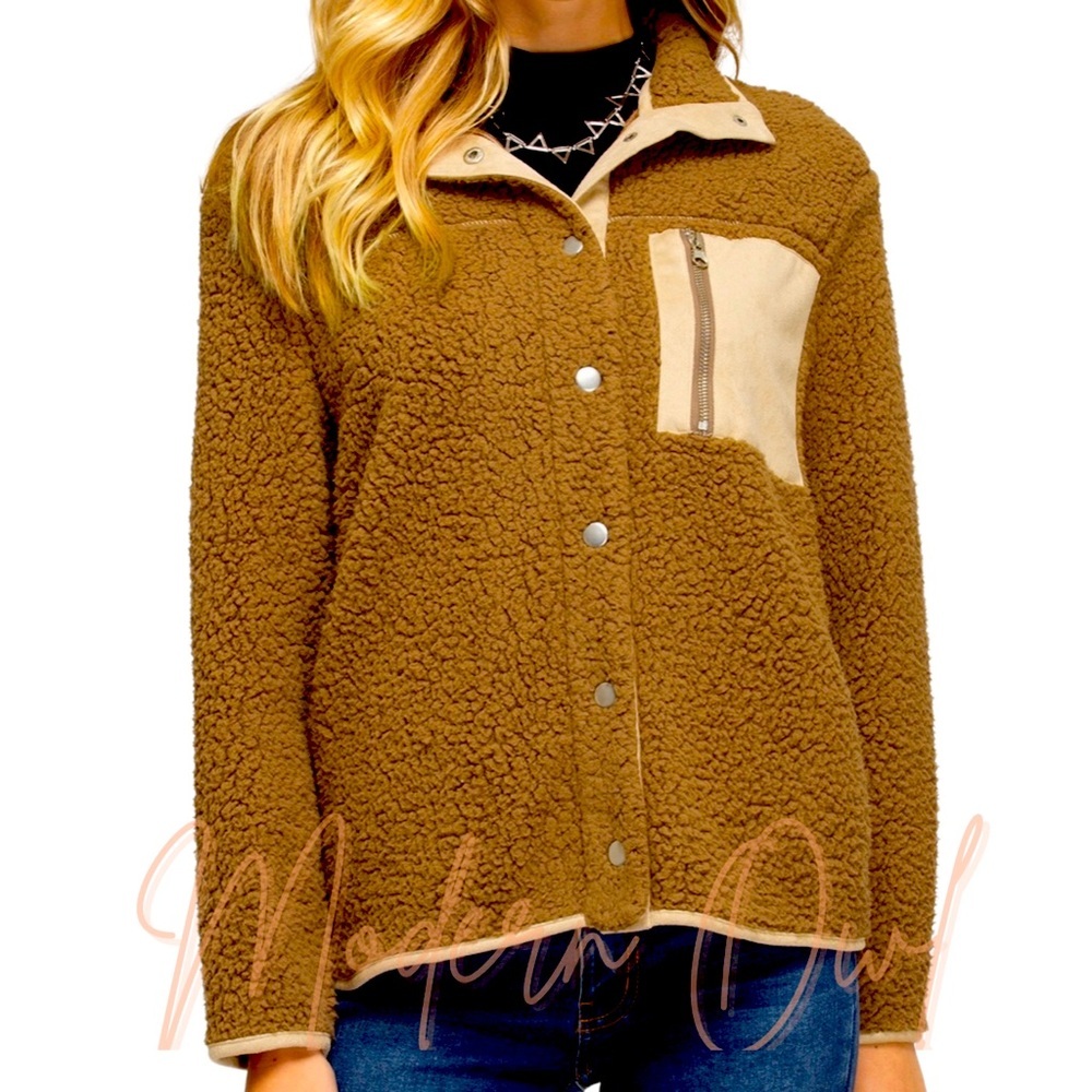 Teddy Bear Jacket with Front Accent Pocket & Trim